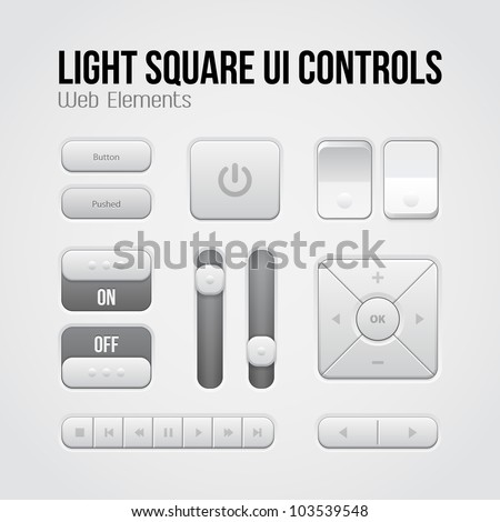 Light Square UI Controls Web Elements: Buttons, Switchers, On, Off, Player, Audio, Video: Play, Stop, Next, Pause, Volume, Equalizer, Arrows
