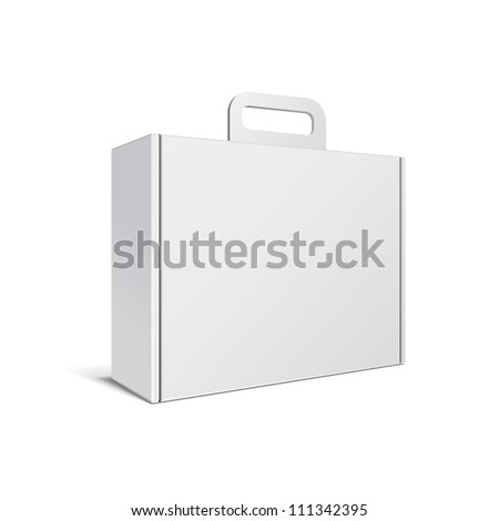 Carton Or Plastic White Blank Package Box With Handle. Briefcase, Case, Folder, Portfolio Case. Illustration Isolated On White Background. Ready For Your Design. Product Packing Vector EPS10
