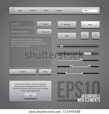 Gray UI Controls Web Elements: Buttons, Comments, Sliders, Message Box