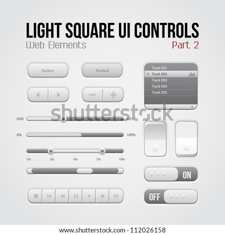 Light Square UI Controls Web Elements Part 2: Buttons, Switchers, On, Off, Player, Play List, Slider, Audio, Video: Play, Stop, Next, Pause, Volume, Equalizer, Arrows