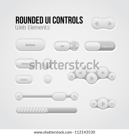 Rounded Light UI Controls Web Elements: Buttons, Switchers, On, Off, Player, Audio, Video: Play, Stop, Next, Pause, Volume, Equalizer, Slider, Loader, Progress Bar, Bulb
