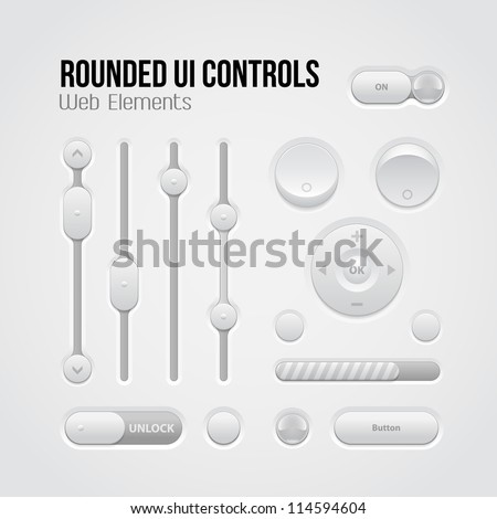 Rounded Light UI Controls Web Elements: Buttons, Switchers, On, Off, Player, Audio, Video: Player, Volume, Equalizer, Slider, Loader, Progress Bar, Bulb, Unlock