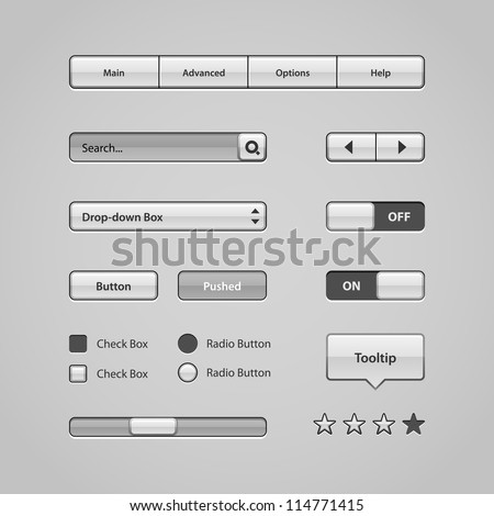 Clean Light User Interface Controls. Web Elements. Website, Software UI: Buttons, Switchers, Slider, Arrows, Drop-down, Navigation Bar, Menu, Tooltip, Check Box, Radio, Scroller, Input Search