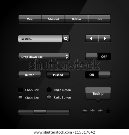 Clean Dark User Interface Controls. Web Elements. Website, Software UI: Buttons, Switchers, Slider, Arrows, Drop-down, Navigation Bar, Menu, Tooltip, Check Box, Radio, Scroller, Input Search