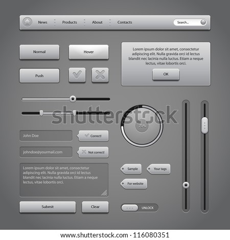 Gray UI Controls Web Elements 2: Buttons, Comments, Sliders, Message Box, Preloader, Loader, Tag Labels, Unlock