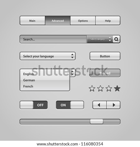 Clean Light User Interface Controls 2. Web Elements. Website, Software UI: Buttons, Switchers, Slider, Arrows, Drop-down, Navigation Bar, Menu, Scroller, Input Search