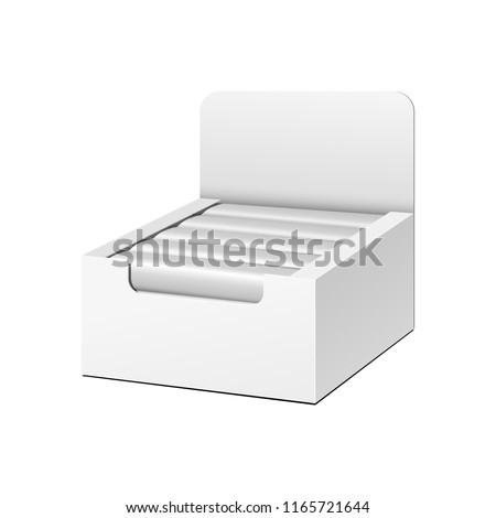 Mockup Display Holder Box Cardboard Filled Blank Empty. Chocolate, Protein Bar. Mock Up, Template. Products On White Background Isolated. Ready For Your Design. Mockup Product Packing. Vector EPS10
