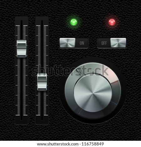 Hi-End UI Analog Volume Equalizer Level Mixer, Volume Knob Chrome On Leather Background. Metal Switch Button, Lamp, Bulb. Web Design Elements. Software Controls. Vector User Interface EPS10