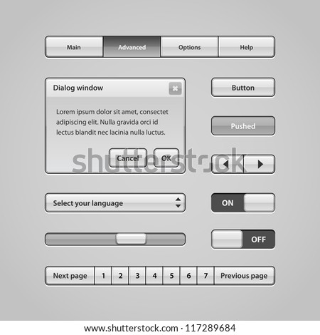 Clean Light User Interface Controls 3. Web Elements. Website, Software UI: Buttons, Switchers, Slider, Arrows, Drop-down, Navigation Bar, Menu, Scroller, Dialog Window, Pagination
