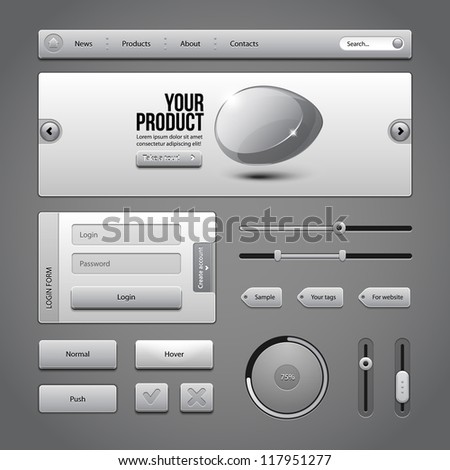 Gray UI Controls Web Elements 3: Buttons, Login Form, Authorization, Sliders, Banner, Box, Preloader, Loader, Tag Labels