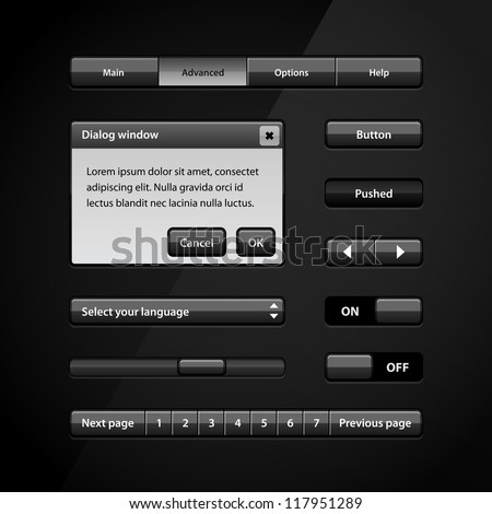 Clean Dark User Interface Controls 3. Web Elements. Website, Software UI: Buttons, Switchers, Slider, Arrows, Drop-down, Navigation Bar, Menu, Scroller, Dialog Window, Pagination