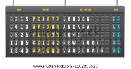 Mechanical Realistic Flip Scoreboard, Arrival Airport Board With Letters, Numbers, Time Display Board For Airport Schedule, Train Destination Timetable. Isolated On White Background. Vector EPS10