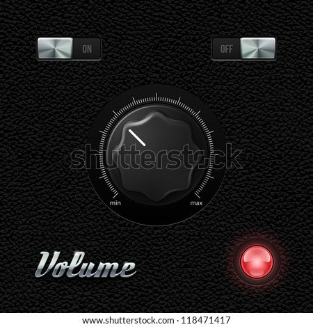 Hi-End UI Analog Volume Plastic Knob On Leather Background. Metal Chrome Button, Red Lamp, Bulb. Web Design Elements. Software Controls. Vector User Interface EPS10