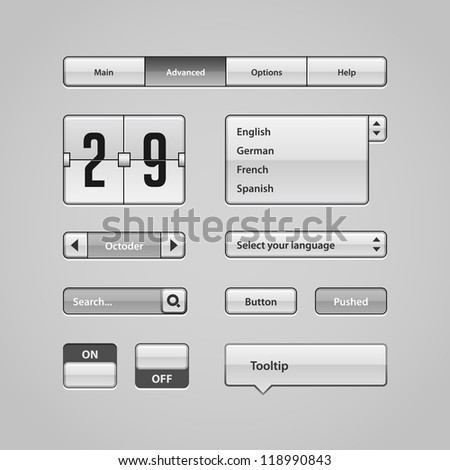 Clean Light User Interface Controls 4. Web Elements. Website, Software UI: Buttons, Switchers, Arrows, Drop-down, Navigation Bar, Menu, Tooltip, Date, Calendar, Search
