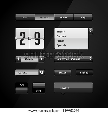 Clean Dark User Interface Controls 4. Web Elements. Website, Software UI: Buttons, Switchers, Arrows, Drop-down, Navigation Bar, Menu, Tooltip, Date, Calendar, Search