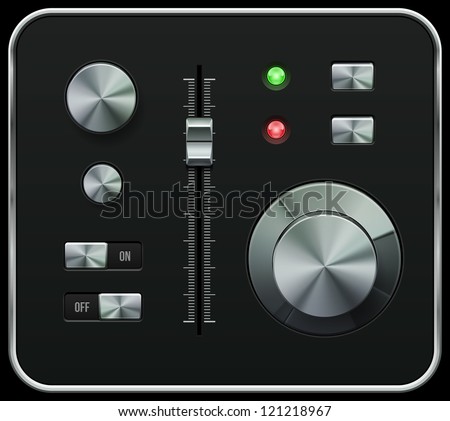 Hi-End UI Analog Volume Equalizer, Level Mixer, Volume Knob Chrome. Metal Switch Button, Lamp, Bulb. Web Design Elements. Software Controls. Vector User Interface EPS10