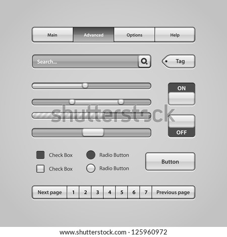 Clean Light User Interface Controls 7. Web Elements. Website, Software UI: Buttons, Switchers, Pagination, Navigation Bar, Menu, Search, Levels, Progress, Scroller, Check Box, Radio Button, Tag