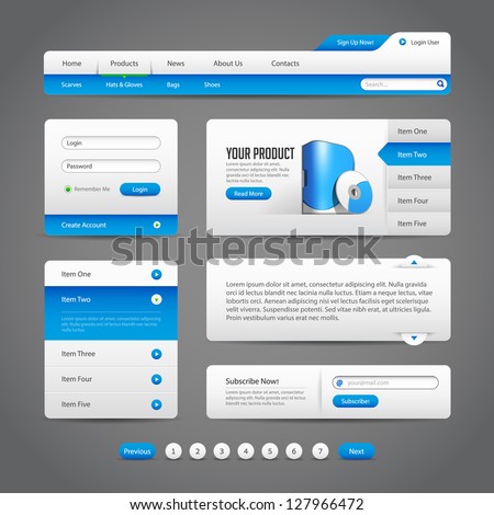 Web UI Controls Elements Gray And Blue On Dark Background 1: Navigation Bar, Buttons, Slider, Message Box, Pagination, Menu, Accordion, Tabs, Login Form, Search, Subscribe, Menu