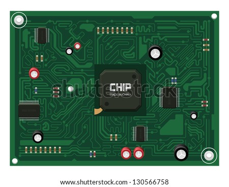 Printed Circuit Board Matherboard, Computer Component Part. Vector Background Green Blue EPS10