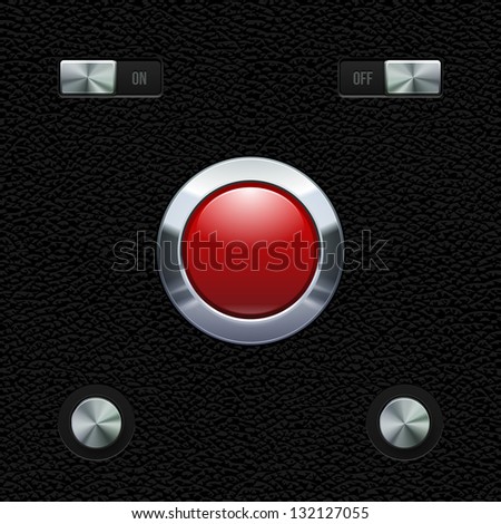 Hi-End UI Analog Red Button Chrome On Leather Background. Metal Button, Switchers, On, Off. Web Design Elements. Software Controls. Vector User Interface EPS10