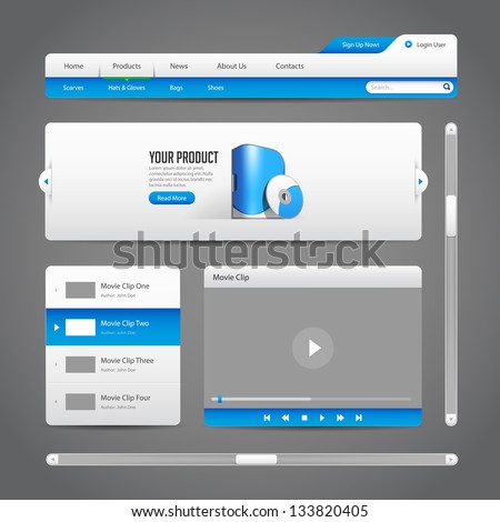 Web UI Controls Elements Gray And Blue On Dark Background 2: Navigation Bar, Buttons, Slider, Message Box, Menu, Tabs, Login, Search, Menu, Scroll, Player, Video, Progress Bar, Play, Stop