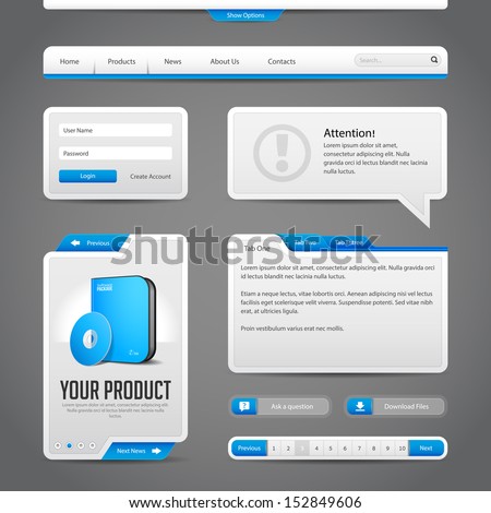 Web UI Controls Elements Gray And Blue On Dark Background: Navigation Bar, Buttons, Login Form, Slider, Message Box, Menu, Tabs, Input Area, Search, Scroll, Download, Tooltip, Pagination, Download
