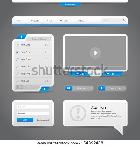 Web UI Controls Elements Gray And Blue On Dark Background: Navigation Bar, Buttons, Login Form, Play List, Message Box, Menu, Video Player, Play, Stop, Search, Download, Tooltip