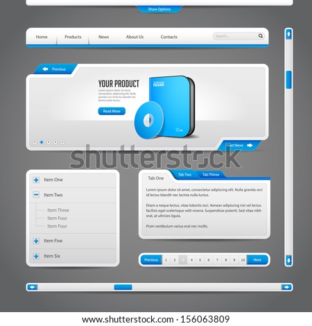 Web UI Controls Elements Gray And Blue On Dark Background: Navigation Bar, Buttons, Form, Slider, Message Box, Menu, Tabs, Search, Scroll, Download, Pagination, Download 