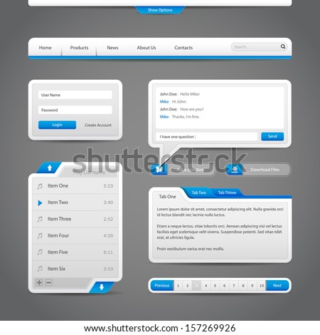 Web UI Controls Elements Gray And Blue On Dark Background: Navigation Bar, Buttons, Form, Slider, Message Box, Menu, Tabs, Search, Scroll, Download, Pagination, Chat, Play List