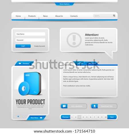Web UI Controls Elements Gray And Blue On Light Background: Navigation Bar, Buttons, Login Form, Slider, Message Box, Menu, Tabs, Input Area, Search, Scroll, Download, Tooltip, Pagination, Download 