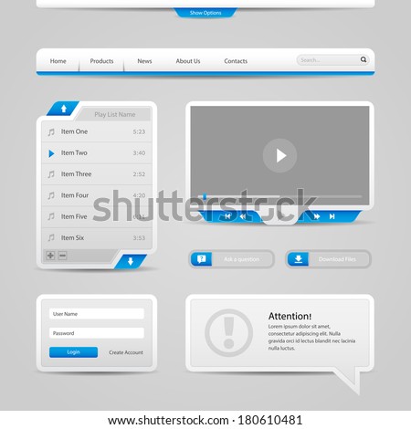 Web UI Controls Elements Gray And Blue On Light Background: Navigation Bar, Buttons, Login Form, Play List, Message Box, Menu, Video Player, Play, Stop, Search, Download, Tooltip 