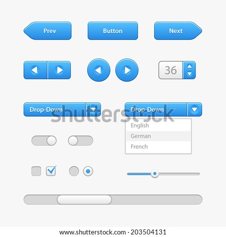 Blue Light User Interface Controls. Web Elements. Website, Software UI: Buttons, Switchers, Slider, Arrows, Drop-down, Navigation Bar, Menu, Check Box, Radio, Scroller, Input Search, Progress Bar