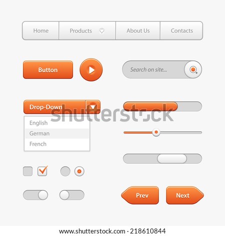 Orange Light User Interface Controls. Web Elements. Website, Software UI: Buttons, Switchers, Slider, Arrows, Drop-down, Navigation Bar, Menu, Check Box, Radio, Scroller, Input Search, Progress Bar 