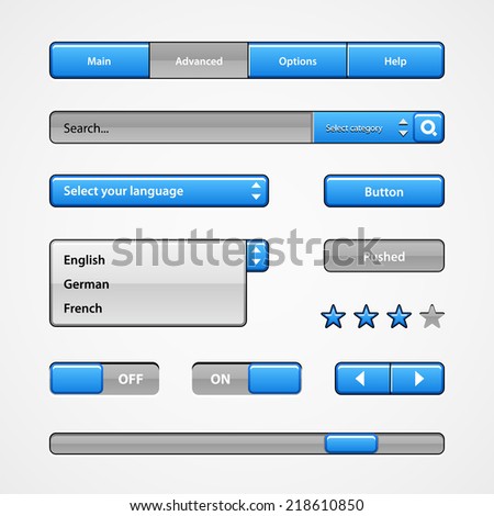 Clean Light Blue User Interface Controls. Web Elements. Website, Software UI: Buttons, Switchers, Slider, Arrows, Drop-down, Navigation Bar, Menu, Tooltip, Check Box, Radio, Scroller, Input Search 