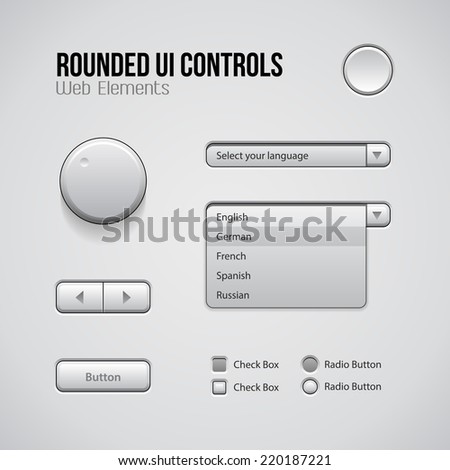 Web UI Controls Design Elements: Buttons, Switchers, On, Off, Player, Audio, Video: Play, Stop, Next, Pause, Volume, Equalizer, Knobs, Drop-down, Navigation Bar, Menu, Check Box, Radio Button