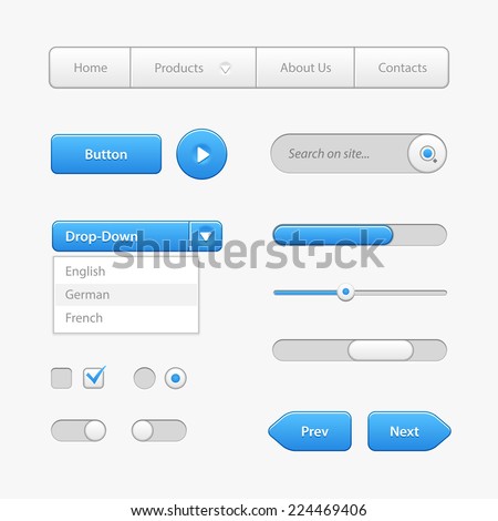 Blue Light User Interface Controls. Web Elements. Website, Software UI: Buttons, Switchers, Slider, Arrows, Drop-down, Navigation Bar, Menu, Check Box, Radio, Scroller, Input Search, Progress Bar 