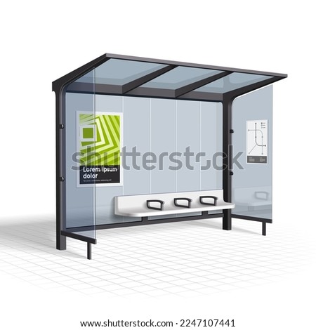 Mockup Bus Stop Station Public Transport Isolated On White Background. Mock Up Template Ready For Advertisers, Your Design. Photorealistic Illustration. Vector EPS10