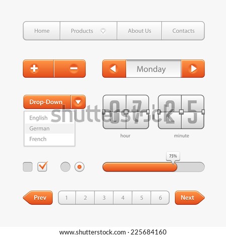 Orange Light User Interface Controls. Web Elements. Website, Software UI: Buttons, Switchers, Arrows, Drop-down, Navigation, Menu, Check Box, Radio, Scroller, Progress Bar, Pagination, Clock, Calendar