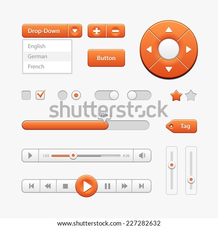 Orange Light User Interface Controls. Web Elements. Website, Software UI: Buttons, Switchers, Drop-down, Navigation Bar, Menu, Check Box, Radio, Scroller, Progress Bar, Volume, Tag, Player, Play