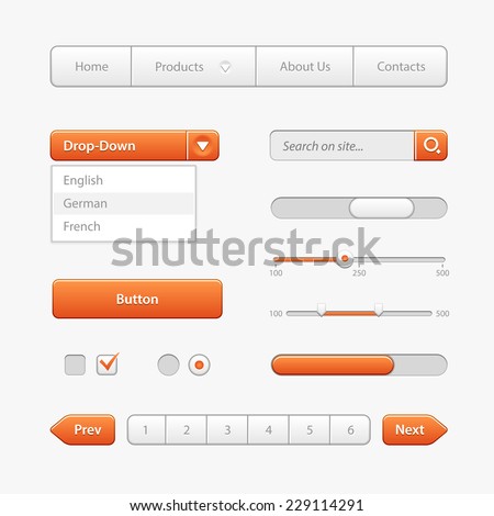 Orange Light User Interface Controls. Web Elements. Website, Software UI: Buttons, Switchers, Arrows, Drop-down, Navigation, Menu, Check Box, Radio, Scroller, Progress Bar, Pagination, Input Search