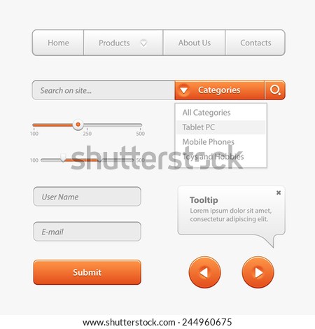 Orange Light User Interface Controls. Web Elements. Website, Software UI: Buttons, Switchers, Slider, Drop-down, Navigation Bar, Menu, Check Box, Scroller, Input Search, Progress, Text Area, Tooltip