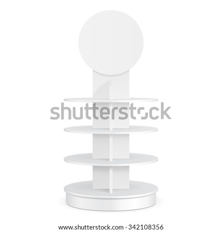 White Round POS POI Cardboard Floor Display Rack For Supermarket Blank Empty Displays With Shelves Products On White Background Isolated. Ready For Your Design. Product Packing. Vector EPS10