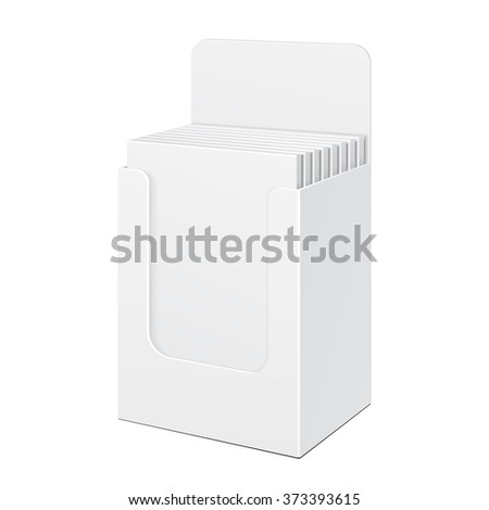 White Display Holder Box POS POI Cardboard Blank Filled. Products On White Background Isolated. Ready For Your Design. Mockup Product Packing. Vector EPS10 