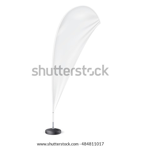 Outdoor Teardrop Feather Flag With Ground Fillable Water Base, Stander Advertising Banner Shield. Mock Up Products On White Background Isolated. Ready For Your Design. Product Packing. Vector EPS10