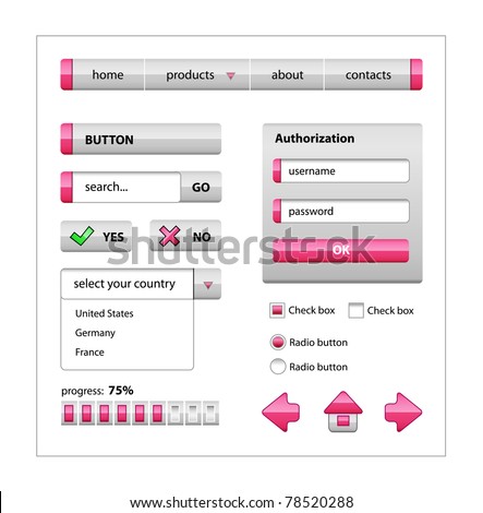 Pink elements of web interface: buttons, menu, arrows, progress bar, radio button, check box.