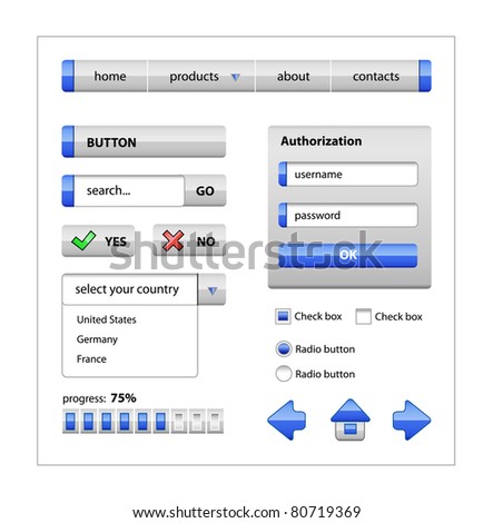 Blue elements of website design interface: buttons, menu, arrows, progress bar, radio button, check box.