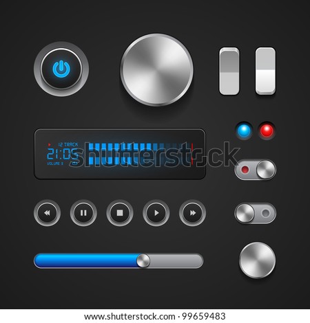 Hi-End User Interface Elements: Buttons, Switchers, On, Off, Player, Audio, Video: Play, Stop, Next, Pause, Volume, Equalizer, Power, Screen, Track