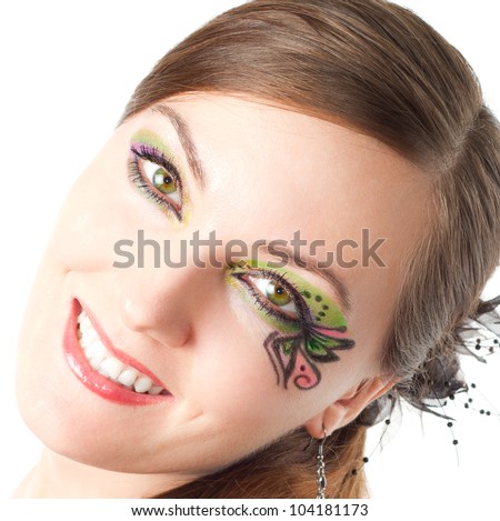 Pretty young woman with bodyart butterfly on face  isolated on white background