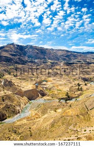 Colca Canyon, Peru,South America.  Incas to build Farming terraces with Pond and Cliff. One of deepest canyons in world