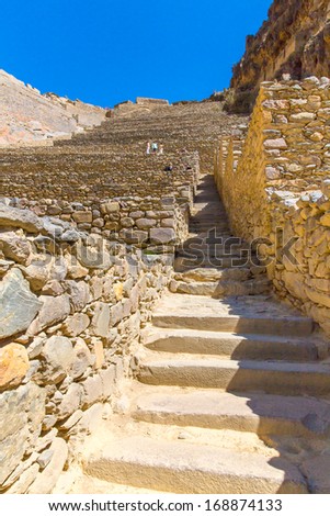 Ollantaytambo, Peru, Inca ruins  and archaeological site in Urubamba, South America.  It was royal estate of Emperor who conquered during Inca Empire.